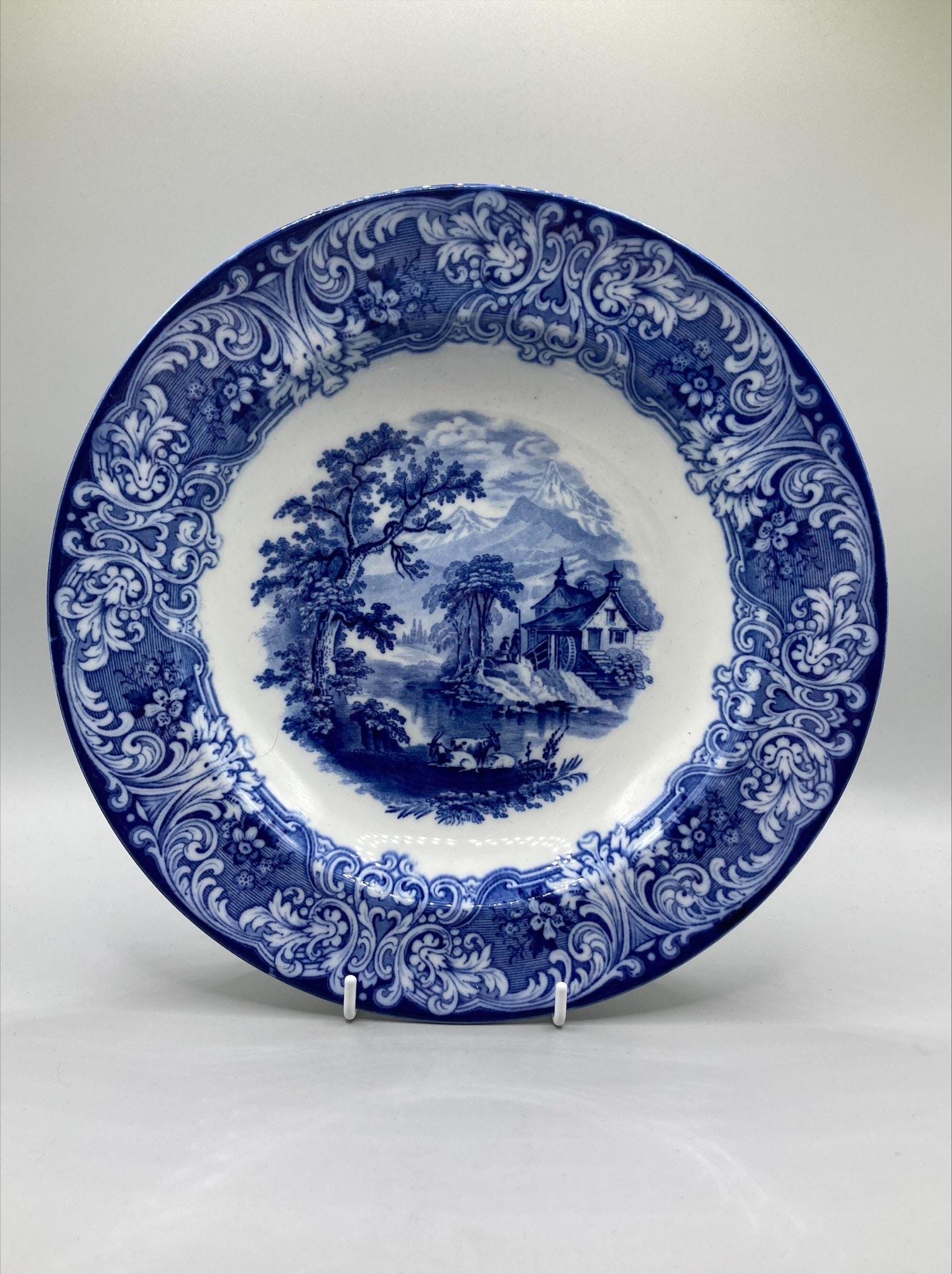 フローブルー Wood & Son Flow blue アンティーク プレート Antique Flow Blue Keswick Plate: Wood & Son Semi-porcelain
