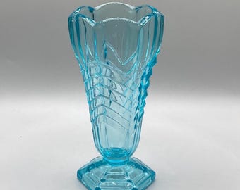 Blue Frosted Art Deco Vase by Davidson 1930s British Chevron Glass, Vintage Home Decor