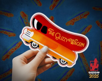 Pegatina de perrito caliente Glizzy Wagon / Glizzycon 2025 / Calcomanía de meme troquelada, pegatina de Wienermobile, pegatina de foodie, pegatina Glizzy