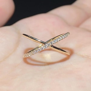 Round Cut Moissanite Crossover Wedding Ring, 14K Solid Yellow Gold Proposal Ring, Criss Cross Ring, Anniversary Gift, Diamond Ring For Her