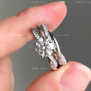 Round Cut Moissanite Twisted Ring With Matching Band, 925 Sterling Silver Twisted Band For Her, Solitaire With Accent Ring, Bridal Ring Set