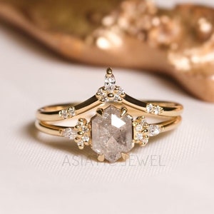 Hexagon Moissanite Wedding Ring Set, 14K Yellow Gold, Curved Bridal Band