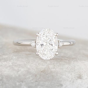 Oval Cut Moissanite Three Stone Engagement Ring, 18K Solid White Gold Past Present Future Ring, Women Diamond Ring, Anniversary Gift For Her