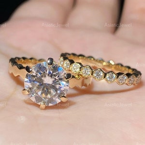 Runder Moissanit Solitär Brautring Set, 10K Solid Gelb Gold Ring Volle Ewigkeit Stapelbare Band, Ehering Set, Jubiläumsgeschenk