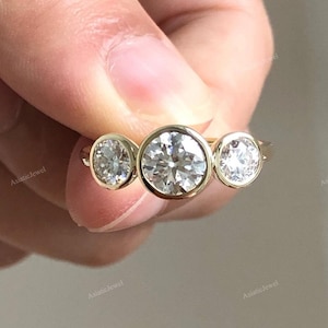 Three Stone Round Moissanite Bezel Set Engagement Ring 14K Solid Yellow Gold Bridal Ring, Three Diamonds Wedding Ring Anniversary Rings