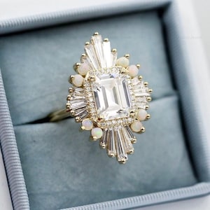 Emerald Cut Moissanite Halo Art Deco Ring, 14K Solid Yellow Gold Wedding Ring, Unique Women Diamond Ring, Antique Ring, Promise Ring For Her