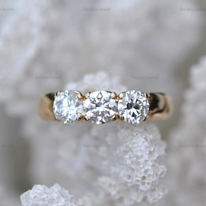 Round Cut Moissanite Three Stone Ring, 14K Solid Yellow Gold Engagement Ring, Past Present Future Ring, Trilogy Ring, Proposal Ring For Her