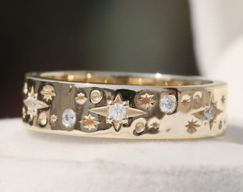 Round Lab Grown Diamond Star Engraved Wedding Band, 14K Yellow Gold Celestial Band
