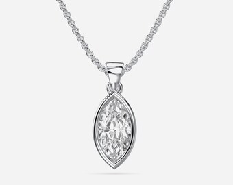 Marquise Lab Diamond Pendant, 14K White Gold Bezel Necklace