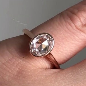 Oval Rose Cut Moissanite Full Bezel Solitaire Ring, 10K Solid Yellow Gold Wedding Ring For Women, One Diamond Ring, Anniversary Gift For Her