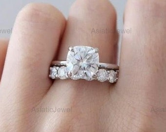 Cushion Cut Moissanite Solitaire Ring, 925 Starling Silver Full Eternity Band, Matching Band, Bridal Ring Set, Engagement Ring Set For Her