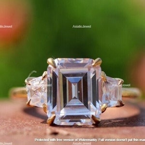 Emerald Cut Moissanite Three-Stone Ring, 14K Solid Yellow Gold Past Present Future Ring, Wedding Ring, Proposal Ring, Gift For Mothers