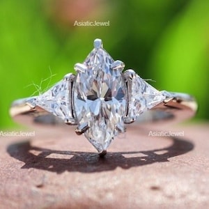 Three Stone Marquise Cut Moissanite Engagement Ring, Marquise Diamond With Tringle Accent Ring, 14k Solid White Gold Trilogy Ring For Women.