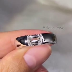 East-West Emerald Cut Lab Created Diamond Solitaire Ring, 14K Solid White Gold Ring, CVD One Diamond Men&#39;s Ring, Half Bezel Ring For Her