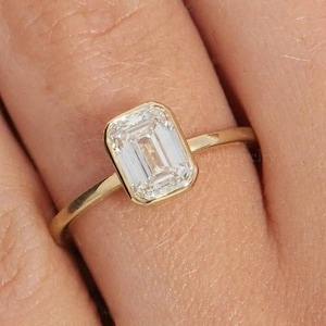 Emerald Cut Moissanite Full Bezel Solitaire Ring, 14K Solid Yellow Gold Proposal Ring, Engagement Ring, One Diamond Ring, Anniversary Gift