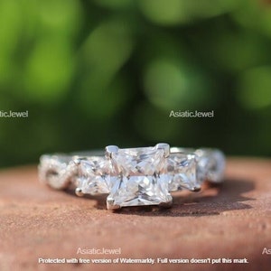 Princess Cut Moissanite Three Stone Engagement Ring, Square Diamond With Twisted Pave Wedding Ring, 14k Solid White Gold Promise Ring