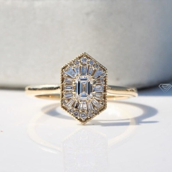 Emerald Cut Diamond Mosaic Ring For Women, 18K Solid Yellow Gold Ballerina Engagement Ring, Unique Ring, Wedding Ring, Anniversary Gift