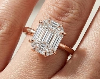 Moissanit Solitär Verlobungsring im Smaragdschliff: 14k Rose Gold Doppelkrappenband