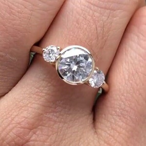 Three Stone Round Moissanite Bezel Set Engagement Ring 14K Solid Yellow Gold Bridal Ring, Three Diamonds Wedding Ring Anniversary Rings
