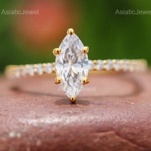 Marquise-Cut Moissanite Solitaire With Accent Ring, 10K Solid Gold Wedding Ring, Promise Ring, Gold Women Ring, Diamond Ring, Gift For Her