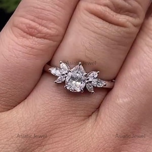 Pear Cut Lab Grown Diamond Cluster Setting Ring, 10K Solid White Gold Ring, CVD Diamond Unique Proposal Ring, GIA Certified Diamond Ring
