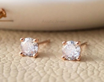 Round Cut Moissanite One Diamond Stud Earring, 14K Solid Rose Gold Screw Backe Earring, Minimalist Earring, Birthday Gift, Gift For Women