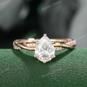 Pear Cut Moissanite Solitaire With Accent Ring, 14K Solid Yellow Gold Twisted Pave Ring, Engagment Ring, Unique Women Ring, Gift For Her