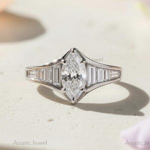Marquise Moissanite Ring, 14K White Gold Vintage Engagement Ring, Unique Marquise Bridal Ring, Art Deco Anniversary Ring, Gift For Her