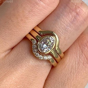 Oval Cut Moissanite Full Bezel Wedding Ring, 14K Solid Yellow Gold Double Band Ring, Unique Women Ring, Promise Ring, Anniversary Gift