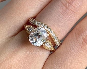 Old Mine Cushion Cut Moissanite Bridal Ring Set, 14K Yellow Gold, Half Eternity Band