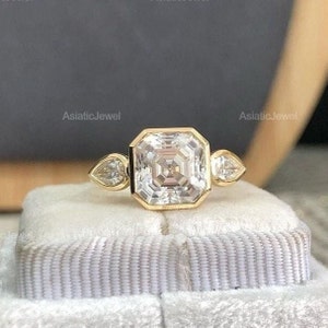 Asscher Cut Moissanite Full Bezel Three Stone Ring, 14K Solid Yellow Gold Engagement Ring, Trinity Ring, Anniversary Gift, Ring For Women
