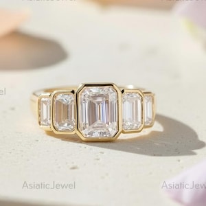 Emerald Cut Moissanite Five Stone Ring, 14K Yellow Gold Bezel Set Anniversary Band