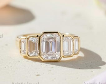 Emerald Cut Moissanite Five Stone Ring, 14K Yellow Gold Bezel Set Anniversary Band