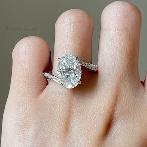 Big Oval Cut Moissanite Bypass Hidden Halo Ring, 18K Solid Yellow Gold Solitaire With Accent Ring, Double Row Diamond Ring, Engagement Ring