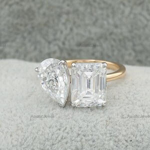 Toi Et Moi Pear And Emerald Cut Moissanite Engagement Ring, Made In 14k Solid Yellow Gold Two Stone Diamond You & Me Diamond Wedding Ring