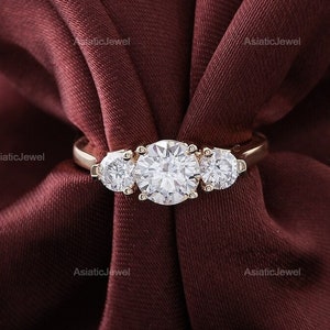 Round Cut Moissanite Three Stone Engagement Ring, 14K Solid Yellow Gold Proposal Ring, Past Present Future Wedding Ring, Anniversary Gift