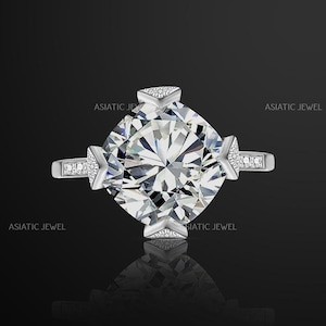 Cushion Cut Moissanite Solitaire With Accent Ring, 925 Starling Silver Wedding Ring, Compass Prong Ring, Unique Women Ring, Gift For Her