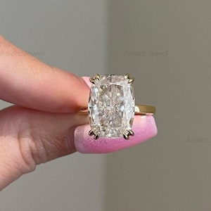 Elongated Cushion Cut Moissanite Hidden Halo Ring, 10K Solid Gold With Double Prong Ring, Gold Women Ring, Engagement Ring, Gift For Mothers