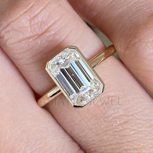 Emerald Cut Moissanite Full Bezel Solitaire Ring, 18K Solid Yellow Gold Engagement Ring, One Diamond Ring, Proposal Ring, Gift For Women