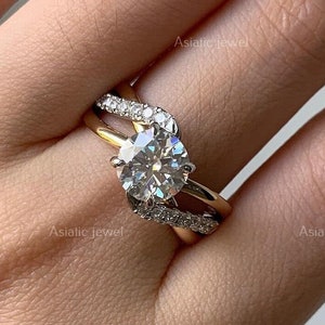 Round Cut Moissanite Bypass Wedding Ring, 14K Solid Yellow Gold Two Tone Ring, Solitaire With Accent Ring, Engagement Ring, Gift For Women