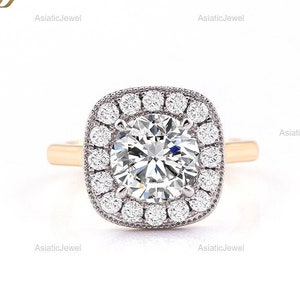 Round Cut Moissanite Halo Vintage Ring, 14K Solid Yellow Gold Two Tone Ring, Engagement Ring, Anniversary Gift, Promise Ring, Gift For Her