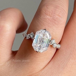 Emerald Cut Moissanite Solitaire With Accent Ring, 925 Sterling Silver Compass Prong Ring, Anniversary Gift, Wedding Ring, Promise Ring