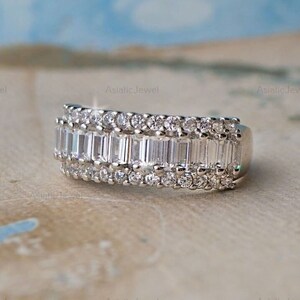 Round & Baguette Cut Moissanite Half Eternity Band, 925 Sterling Silver Wedding Band, Stackable Band, Matching Band, Promise Band For Her