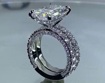 Radiant Cut Moissanite Diamond Hidden Halo 925 Sterling Silver Bridal Ring Set, Radiant Cut 14k Solid Gold Gold Women Diamond Ring