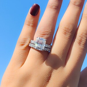 Radiant Cut Moissanite Diamond Hidden Halo 925 Sterling Silver Bridal Ring Set, Radiant Cut 14k Solid Gold Gold Women Diamond Ring