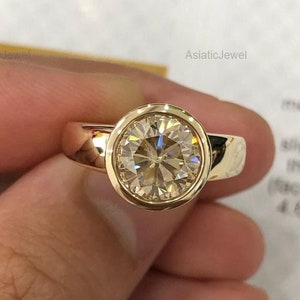 Round Cut Moissanite Full Bezel Solitaire Ring, 14K Solid Yellow Gold Engagement Ring, One Diamond Ring, Proposal Ring, Gift For Her Ring