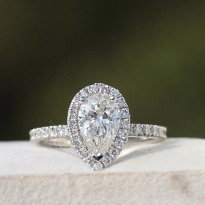 1.30 CT Pear Cut Lab Grown Diamond Halo Wedding Ring, 10K Solid White Gold Solitaire With Accent Ring, Pear CVD Diamond Ring, Gift For Her