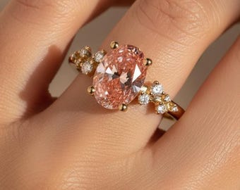 Fancy Vivid Pink Oval Lab Grown Diamond Engagement Ring, 14K Yellow Gold Cluster Band