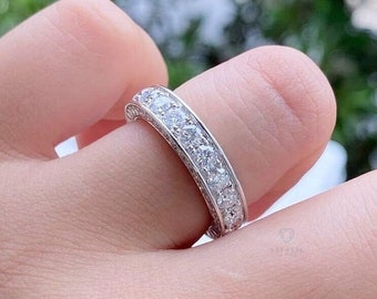 Round Cut Moissanite Full Eternity Wedding Band, 10K Solid Gold Three Side Diamond Band, Matching Band, Stacking Band, Women Diamond Band