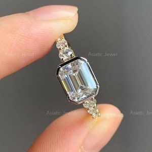 East West Emerald Cut Moissanite Full Bezel Ring, 14K Solid Yellow Gold Hidden Halo Ring, Solitaire With Accent Ring, Two Tone Ring For Her